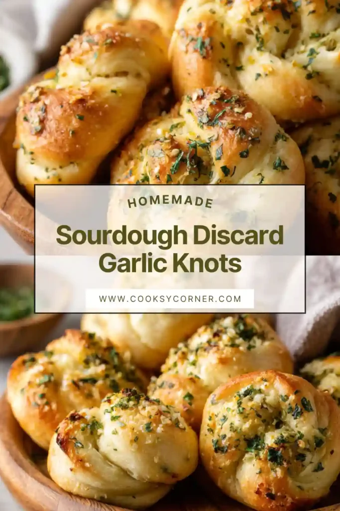 Sourdough discard garlic knots brushed with garlic butter and fresh parsley.