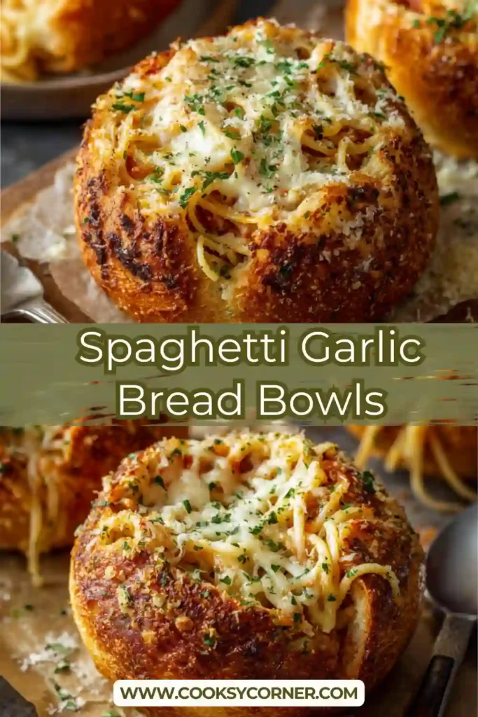 Cheesy spaghetti served inside garlic butter bread rolls.