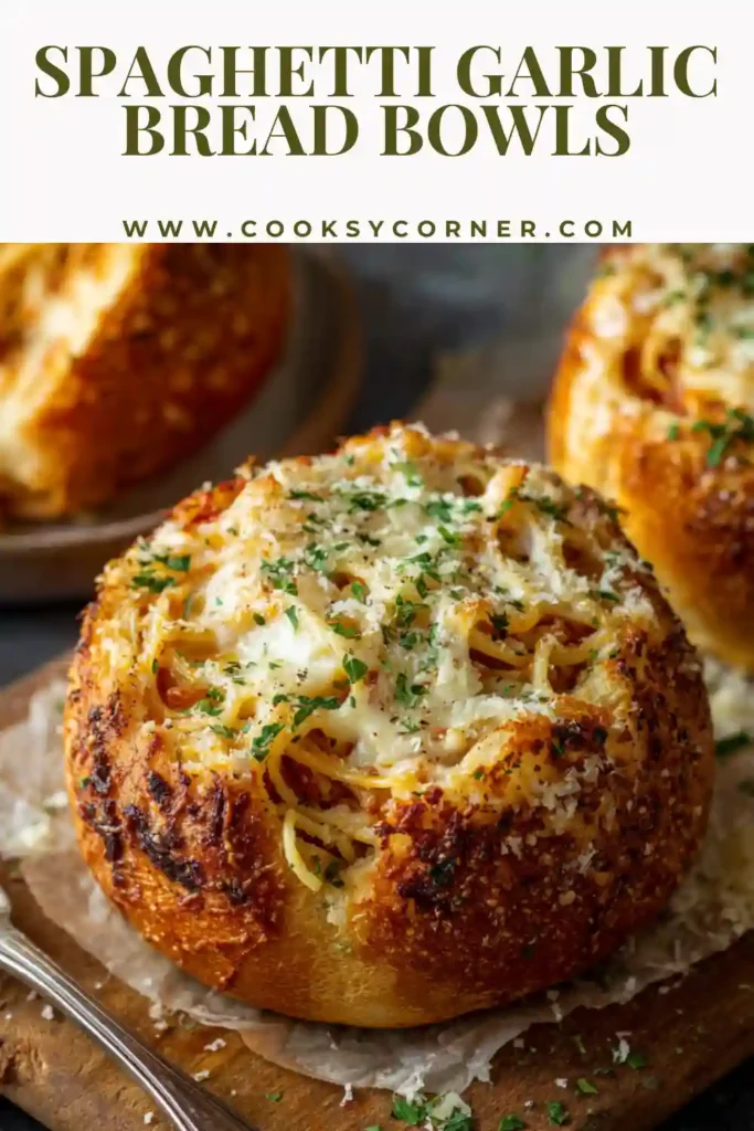 Crispy bread bowls stuffed with spaghetti and tomato meat sauce.