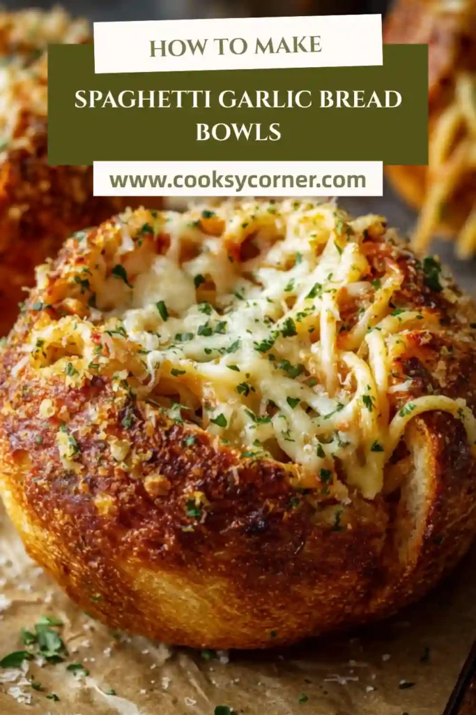 Spaghetti garlic bread bowls filled with meat sauce and topped with melted mozzarella cheese.