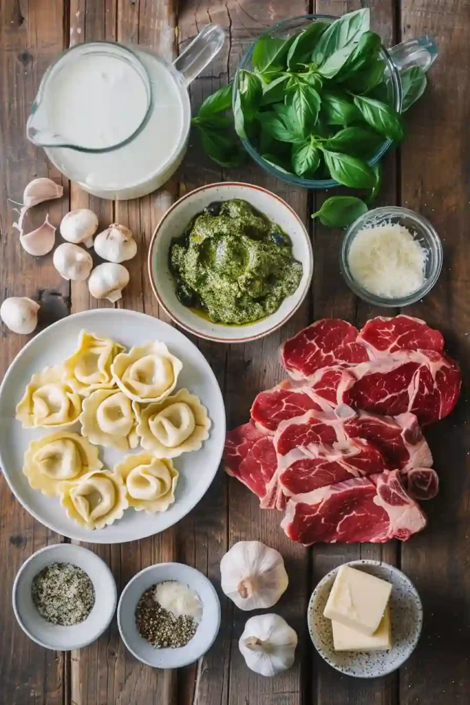 Close-up of creamy steak mushroom tortellini pasta with Parmesan shavings and herbs on top.