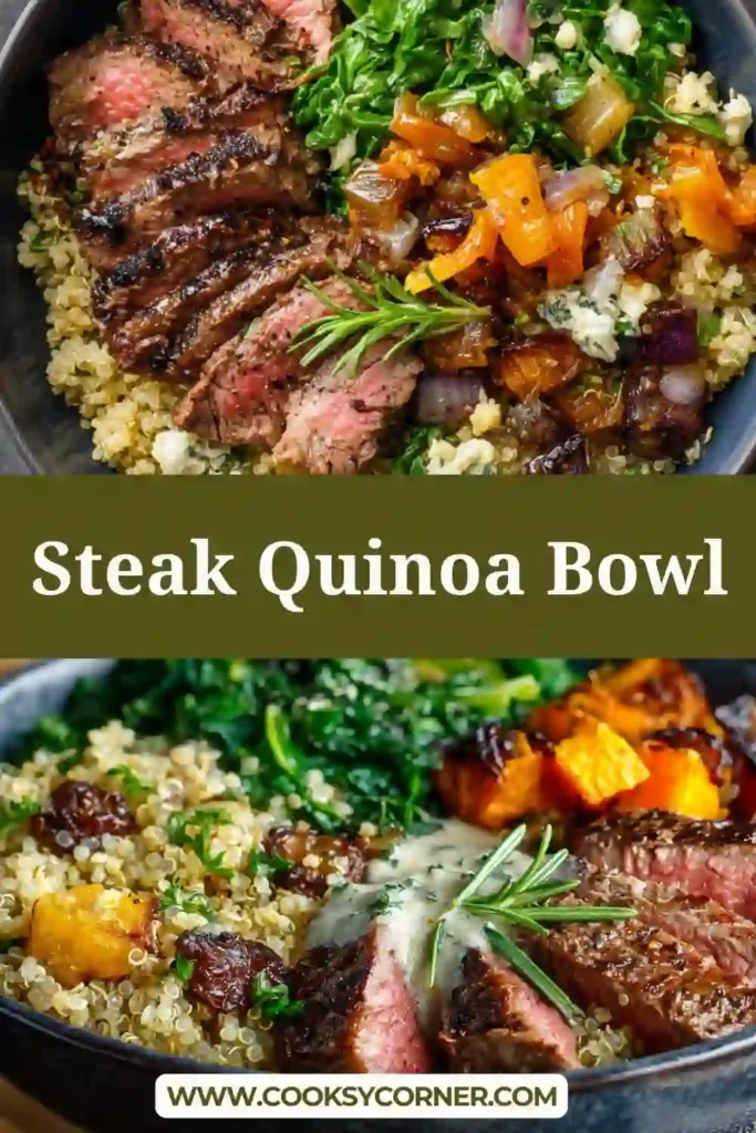 A Steak Quinoa Bowl filled with sliced beef, fluffy quinoa, roasted sweet potatoes, wilted spinach, and raisins in a serving bowl. The tahini lemon dressing adds a creamy finish to this healthy and colorful meal.