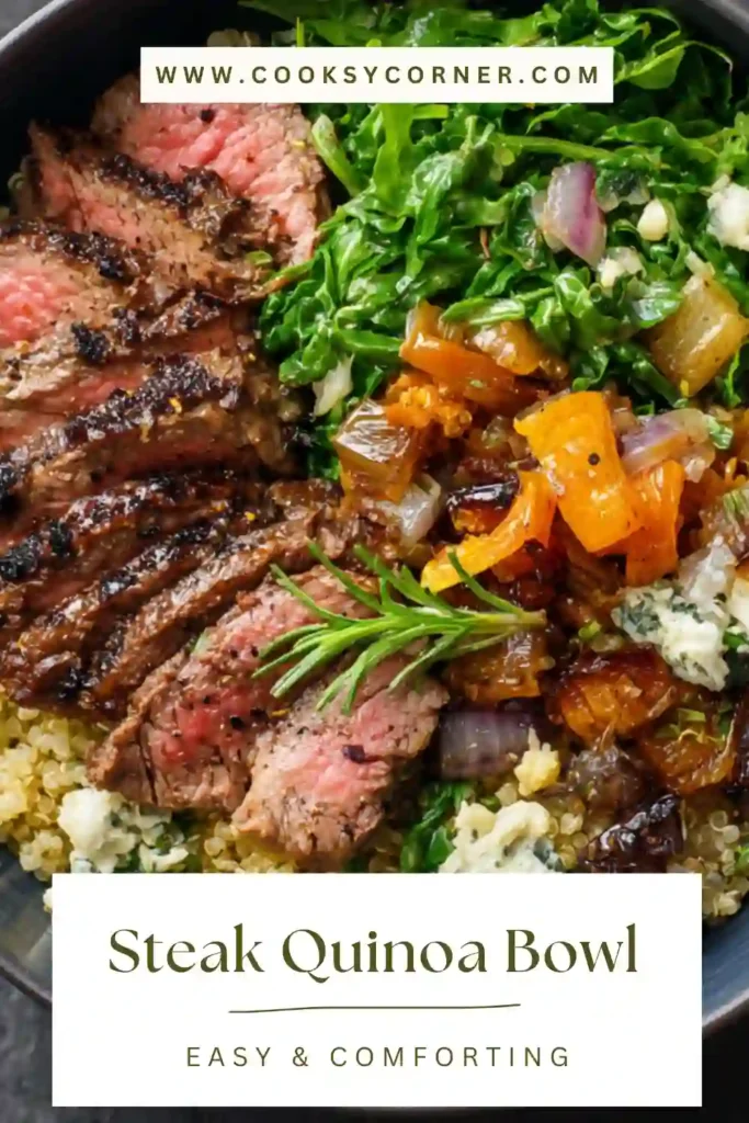 This Steak Quinoa Bowl features tender slices of steak layered over quinoa with sweet potatoes, spinach, and a light tahini dressing. It looks vibrant, nourishing, and perfect for a high-protein lunch or dinner.