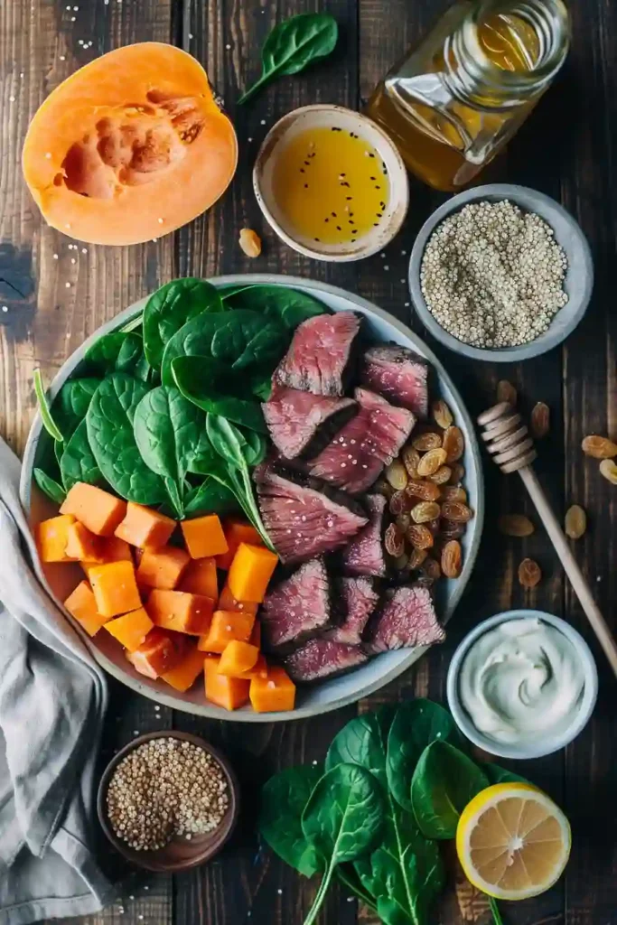 A healthy steak bowl served with quinoa, roasted sweet potatoes, sautéed spinach, and creamy tahini dressing. This meal prep friendly dish looks fresh, wholesome, and satisfying.