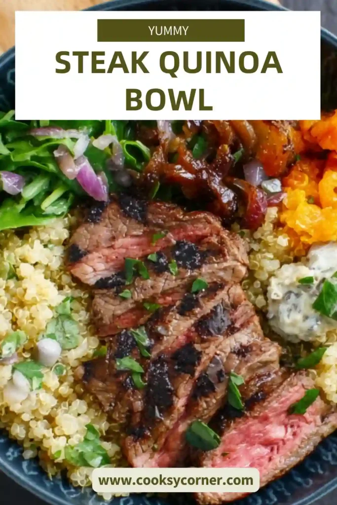 A close view of a steak sweet potato bowl made with cooked quinoa, greens, raisins, and juicy sliced beef. The ingredients create a balanced and hearty bowl with warm, earthy colors.