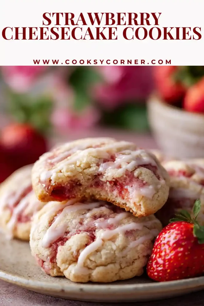 Freshly baked Strawberry Cheesecake Cookies filled with cream cheese and homemade strawberry jam. The soft cookies feature a golden exterior and a creamy center.