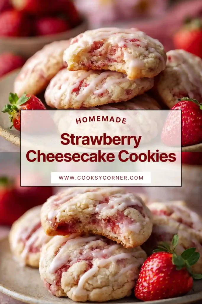 Freshly baked Strawberry Cheesecake Cookies filled with cream cheese and homemade strawberry jam. The soft cookies feature a golden exterior and a creamy center.