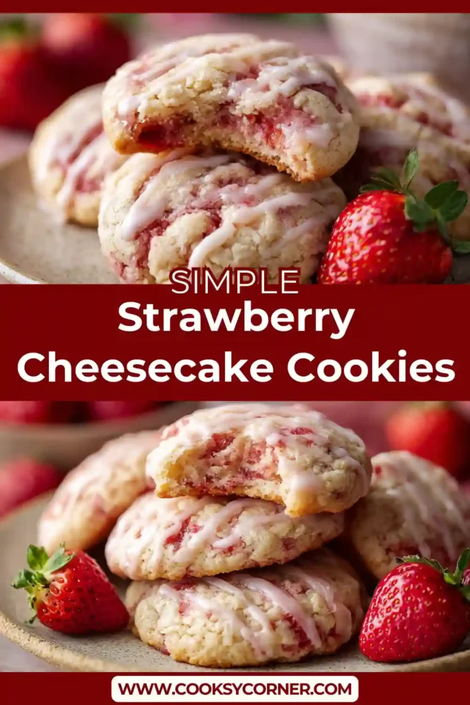 Strawberry Cheesecake Cookies with creamy cheesecake centers and swirls of strawberry jam baked into soft golden cookies. The cookies have a bakery-style look with visible strawberry pockets.
