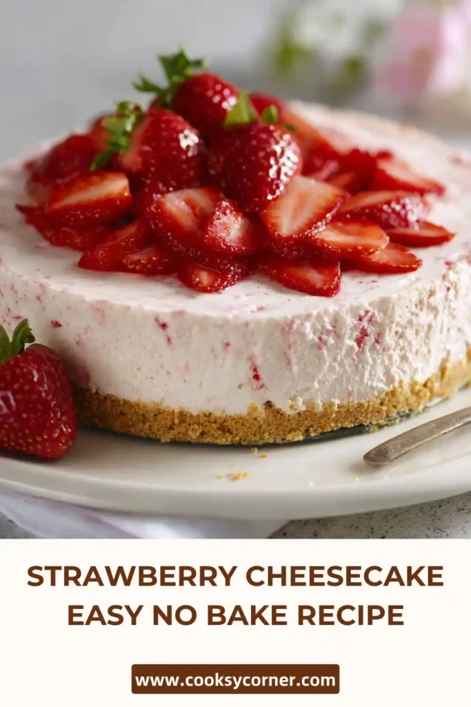 Strawberry cheesecake easy no bake recipe with fresh strawberries and creamy filling on a biscuit base.