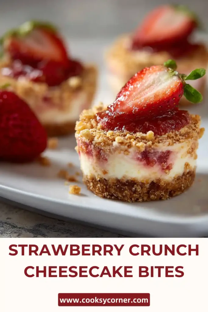 No bake strawberry crunch cheesecake bites topped with strawberry crumble.