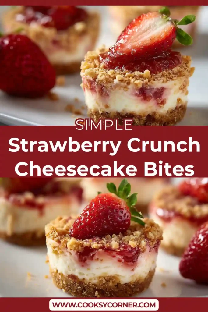 Mini strawberry crunch cheesecake bites served on a dessert plate.