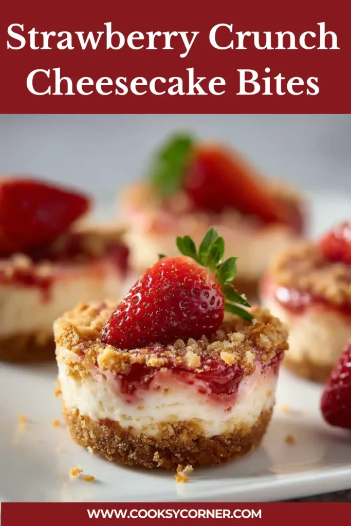 Strawberry crunch cheesecake bites with creamy filling and crunchy strawberry topping.