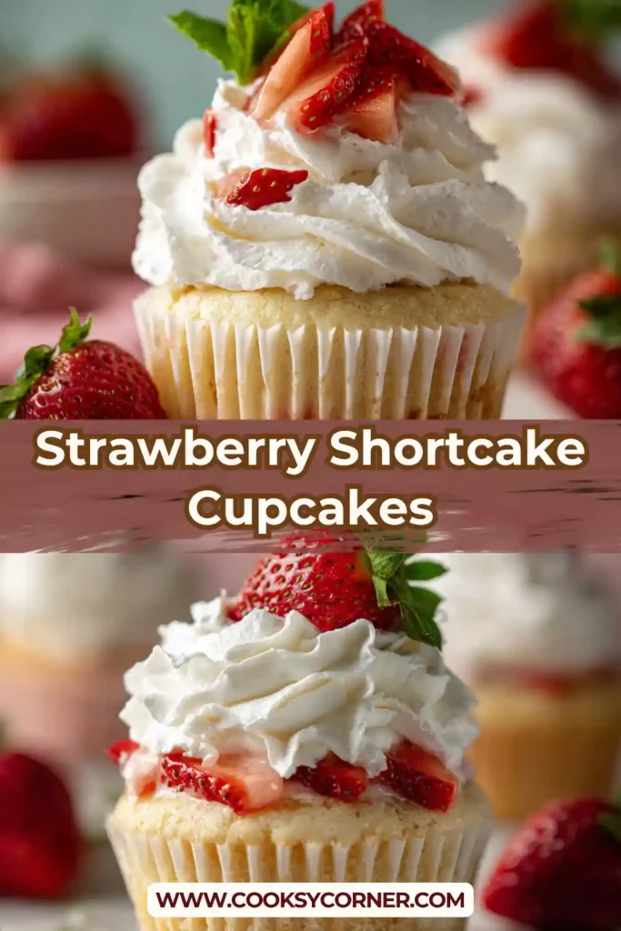 Close-up of strawberry cupcakes with soft crumb and whipped cream topping. Fresh and vibrant colors.