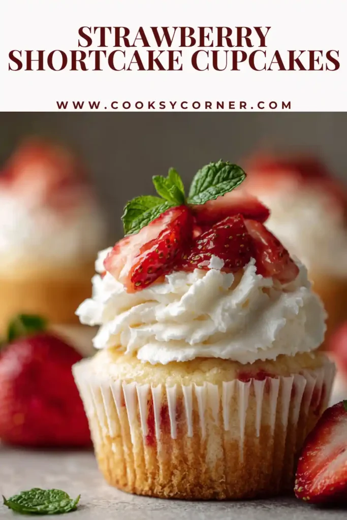 Close-up of strawberry cupcakes with creamy frosting and fresh strawberry topping. Light, fluffy, and full of fruit flavor.