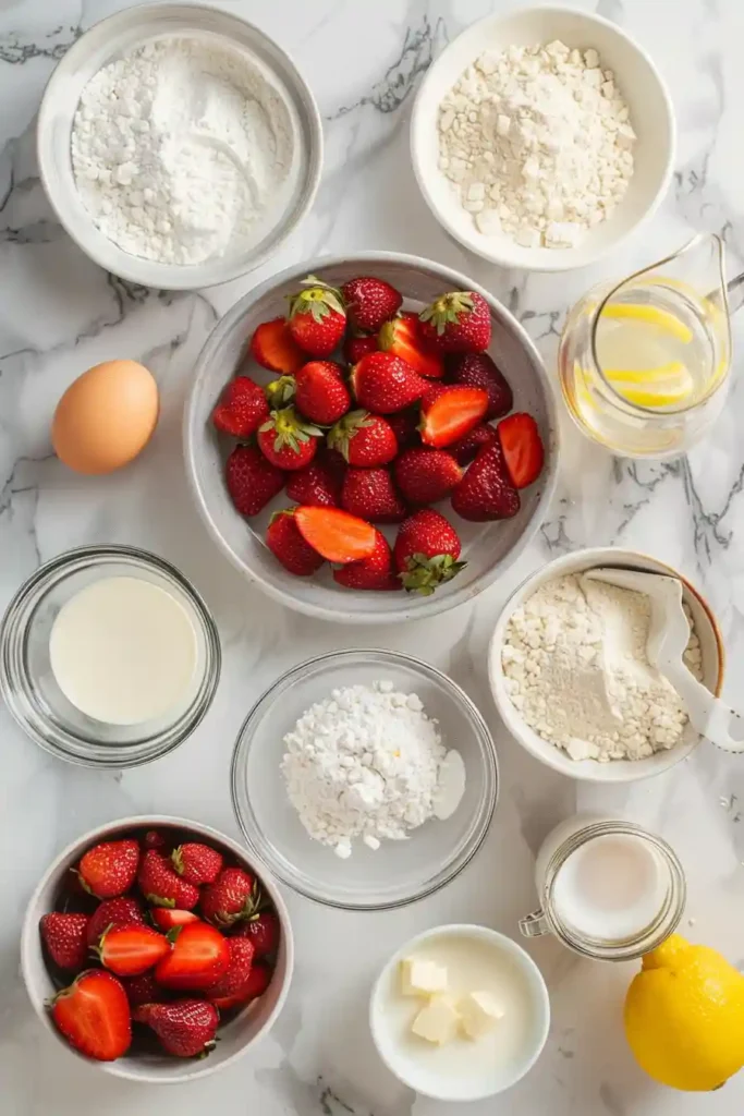Elegant strawberry shortcake cupcakes garnished with mint and berries. Bakery-style dessert.