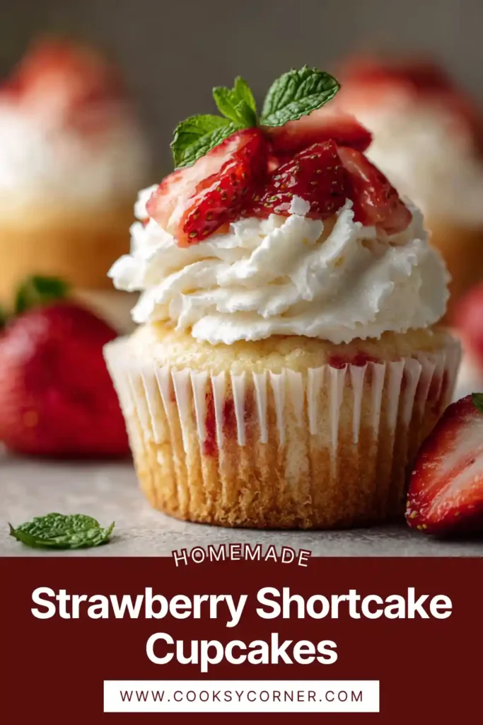 Soft strawberry shortcake cupcakes filled with fresh strawberry compote and topped with whipped cream. Perfect homemade summer dessert.