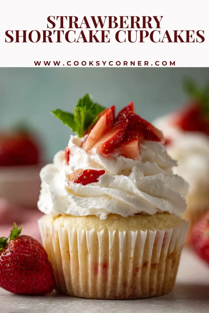 Strawberry shortcake cupcakes topped with whipped cream and fresh strawberry slices. Light and fluffy dessert presentation.