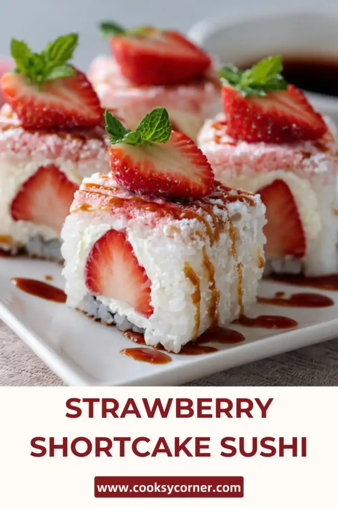 Creative strawberry sushi dessert made with cake roll and fresh berries.