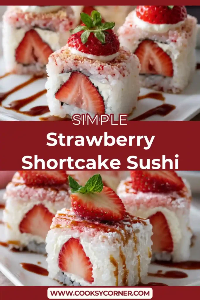Close-up of strawberry shortcake sushi slices topped with powdered sugar.