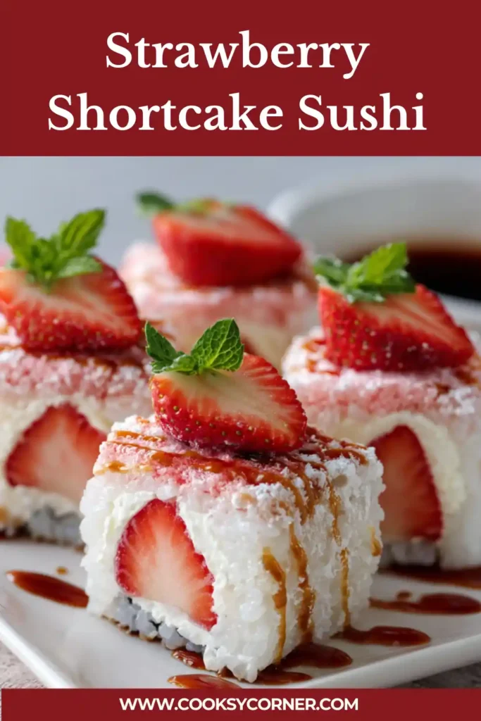 Strawberry shortcake sushi rolls made with sponge cake, whipped cream, and fresh strawberries.