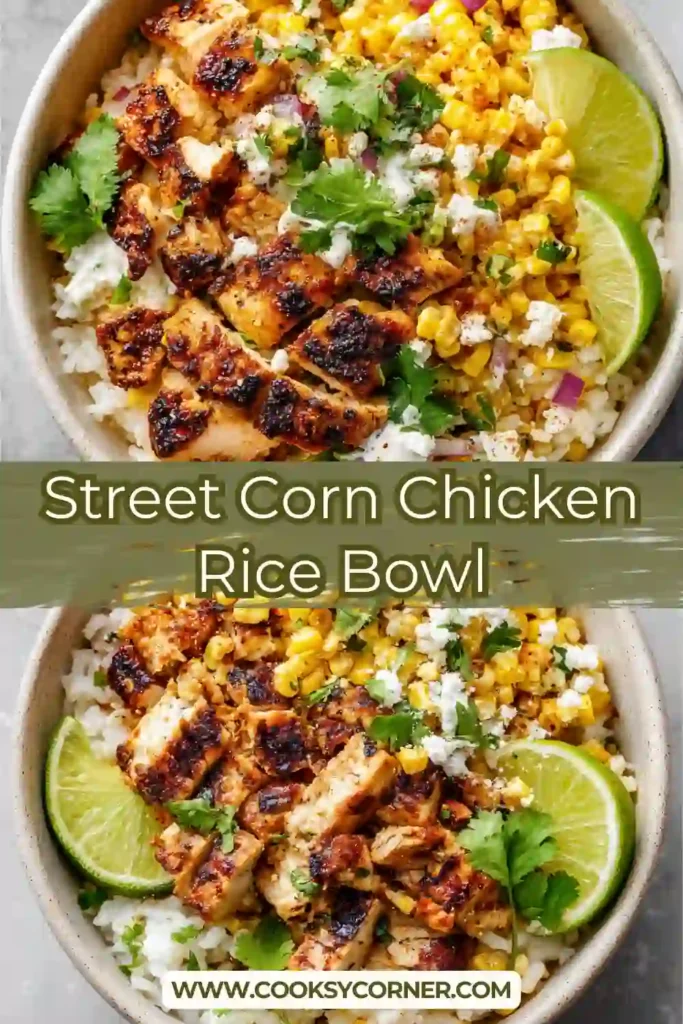 High-protein street corn chicken bowl with fluffy rice and creamy sour cream drizzle.