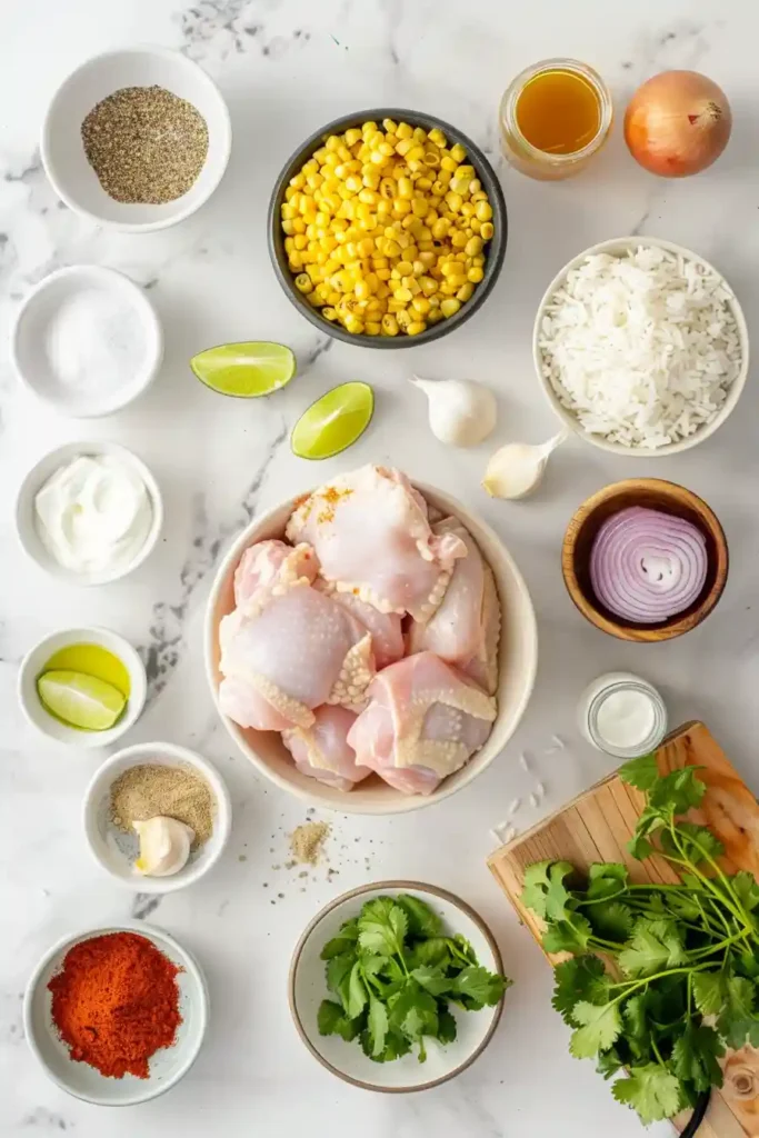 Colorful rice bowl filled with seasoned chicken, sweet corn topping, and crumbled cotija cheese.