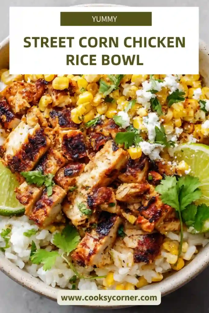 Mexican-inspired chicken rice bowl with grilled corn topping and lime wedges on the side.