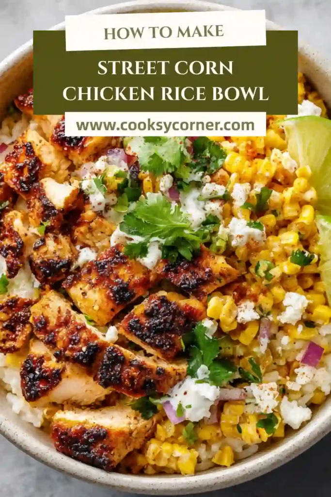 Street Corn Chicken Rice Bowl topped with sliced chili-lime chicken, creamy corn mixture, cotija cheese, and fresh cilantro.