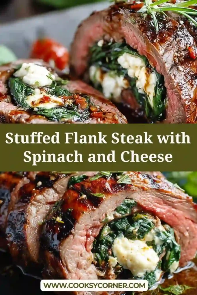A sliced Stuffed Flank Steak filled with spinach, ricotta, mozzarella, and sun-dried tomatoes. The beef is tender and juicy with a visible spiral of creamy filling in each slice.