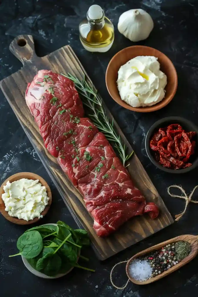 Tender Stuffed Flank Steak with melted cheese and spinach filling. The rolled steak is sliced neatly, revealing a flavorful spiral pattern.