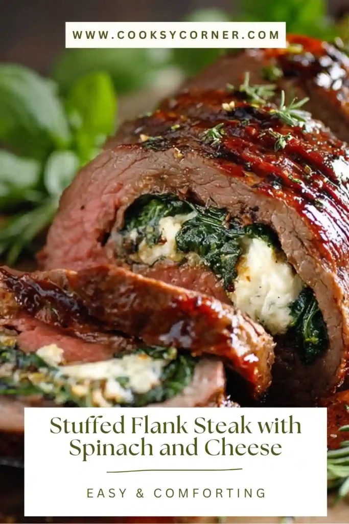 Close-up of Stuffed Flank Steak rolled with spinach and cheese filling. The baked flank steak is sliced into rounds, showing the colorful layers inside.