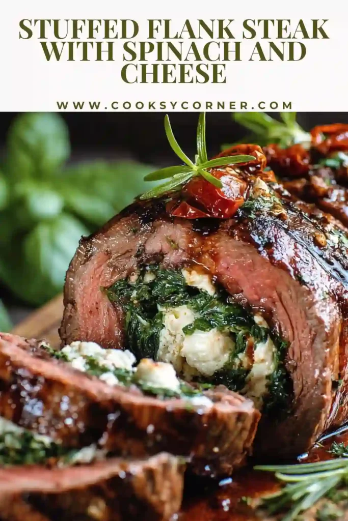 Homemade Stuffed Flank Steak served warm on a plate with visible spinach, ricotta, and sun-dried tomato filling. The beef is golden brown from searing and oven baking.