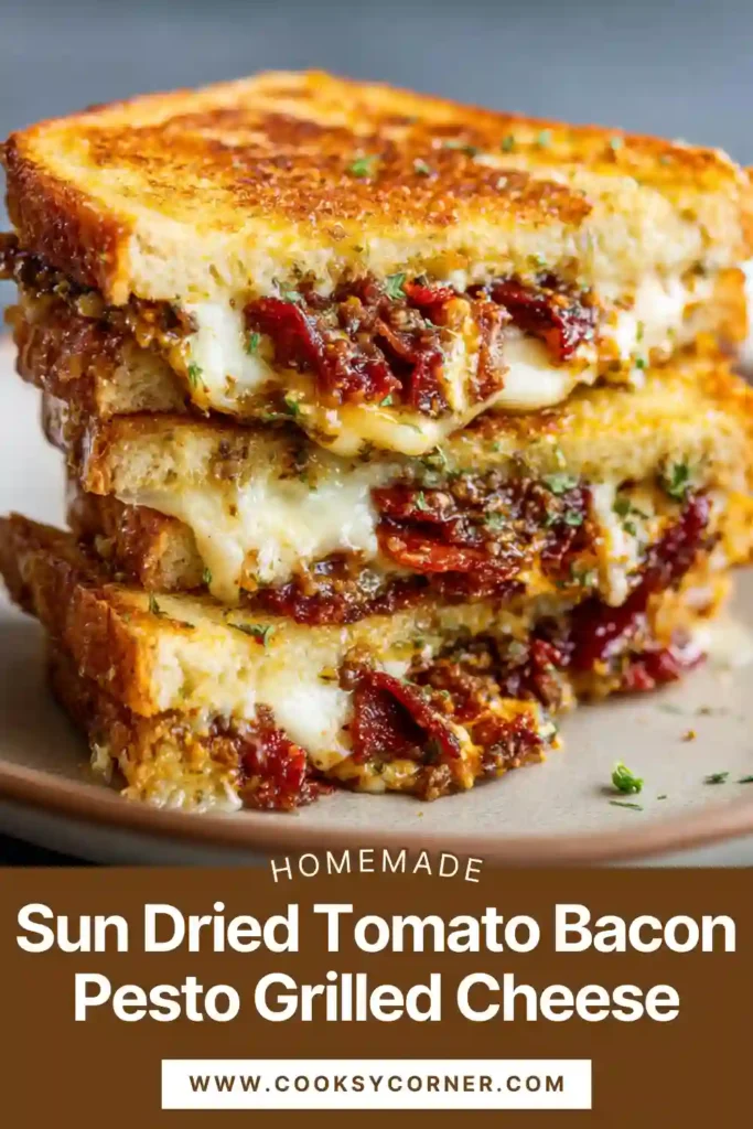 Close-up of grilled cheese with pesto, sun-dried tomatoes, and turkey bacon inside golden toasted bread.