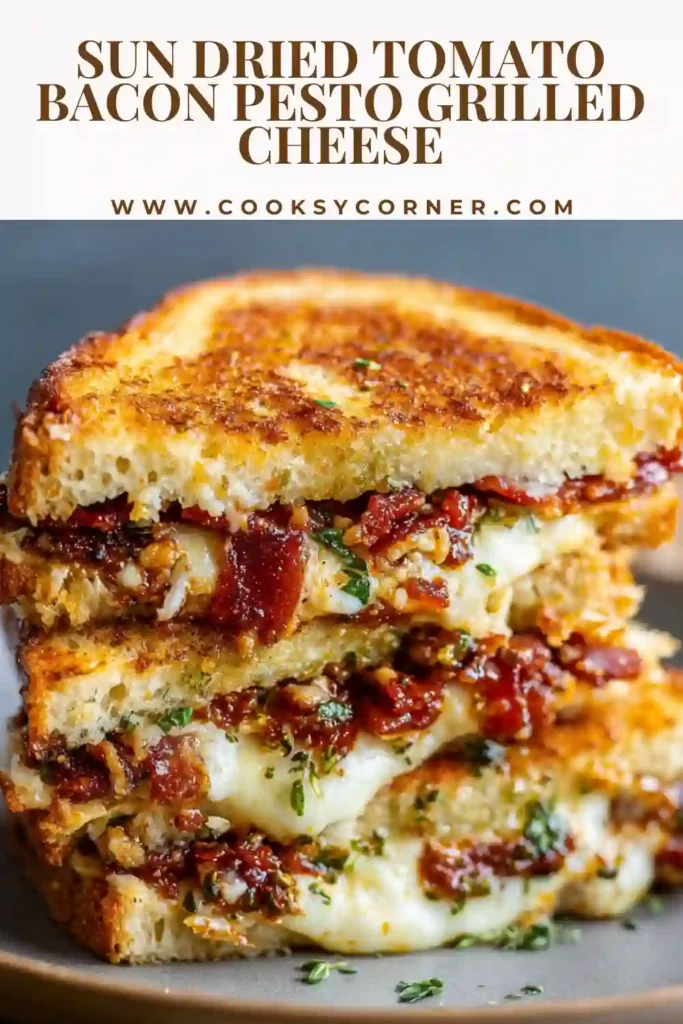 Gourmet grilled cheese sandwich filled with pesto, cheddar cheese, bacon, and sun-dried tomatoes.