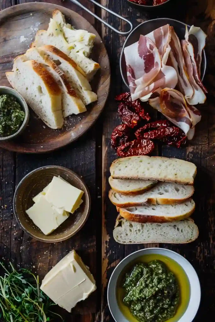 Crispy pesto grilled cheese with melted cheese and savory bacon layers.