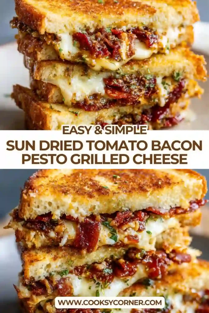 Sun-dried tomato bacon pesto grilled cheese sandwich with melted cheddar and crispy toasted bread.