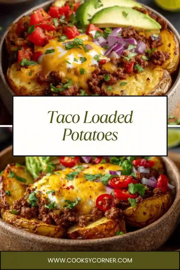 Homemade taco loaded potatoes with cheese, cilantro, and fresh toppings ready to serve.