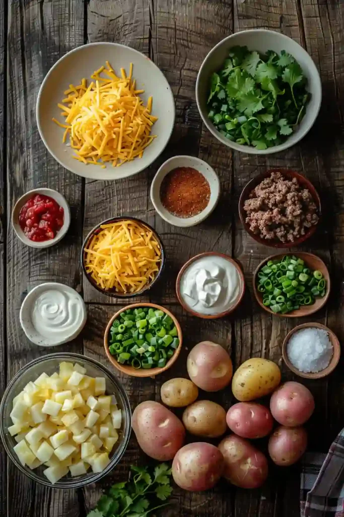 Golden baked potatoes transformed into taco loaded potatoes with flavorful toppings and creamy sauce.