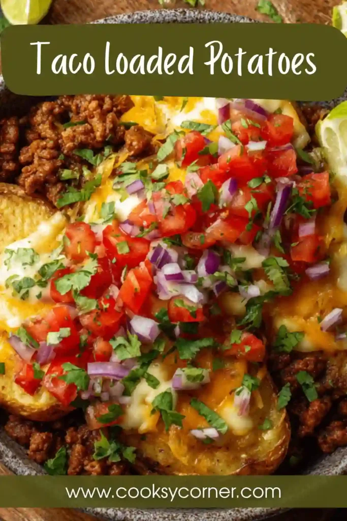Roasted potato cubes covered with taco meat, sour cream, salsa, and green onions.