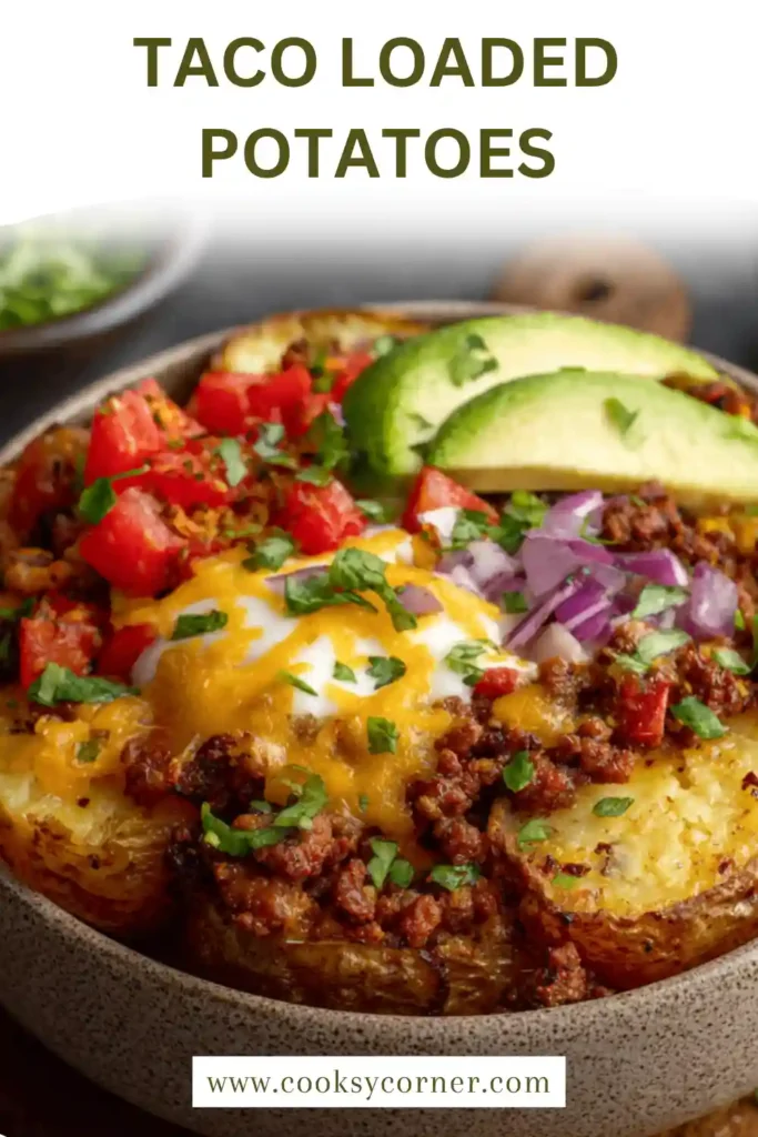 Crispy taco loaded potatoes topped with seasoned beef, melted cheese, and fresh herbs in a serving bowl.