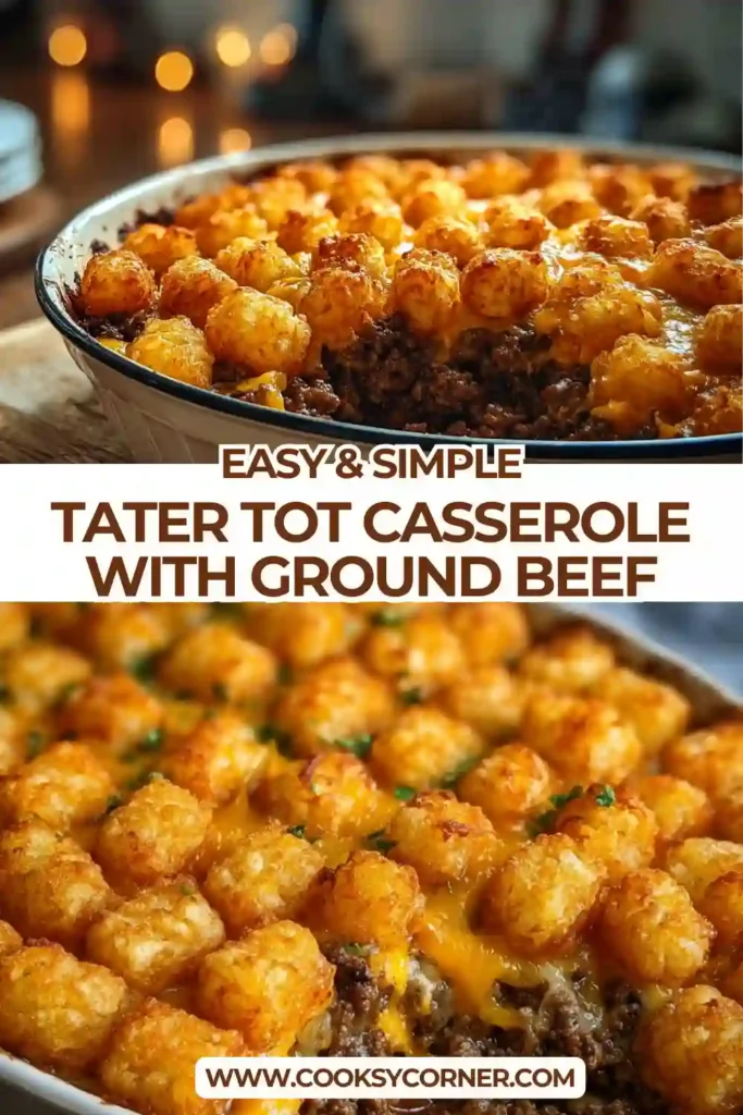 Homemade Tater Tot Casserole with Ground Beef served warm with golden tater tots and melted cheese in a baking dish.