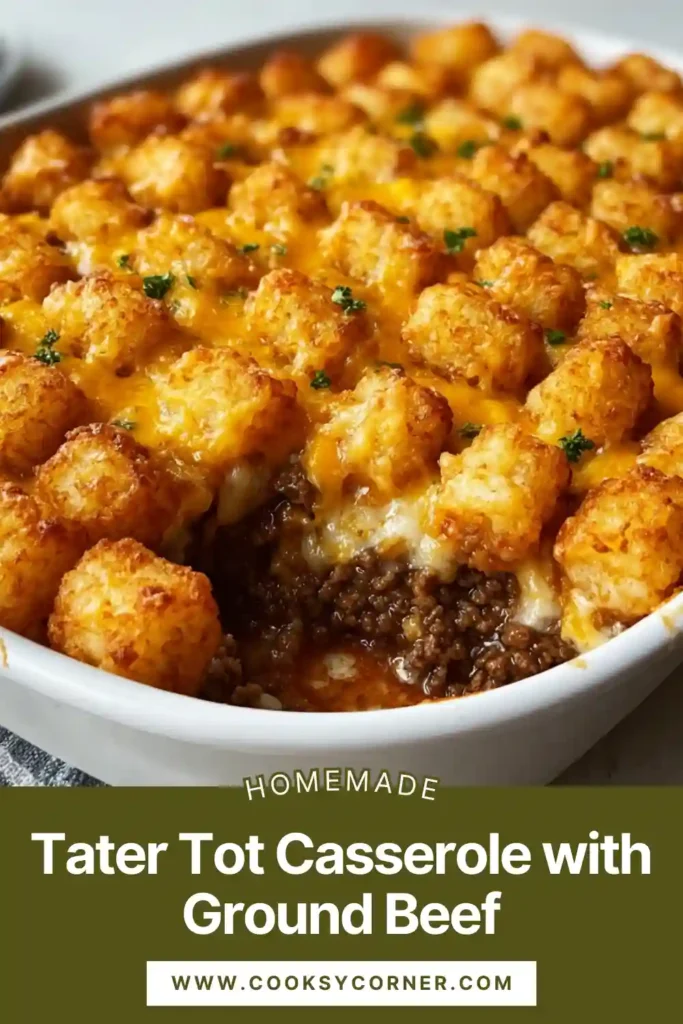 Close-up of cheesy Tater Tot Casserole with Ground Beef showing crispy tater tots layered over creamy beef and mushroom sauce.