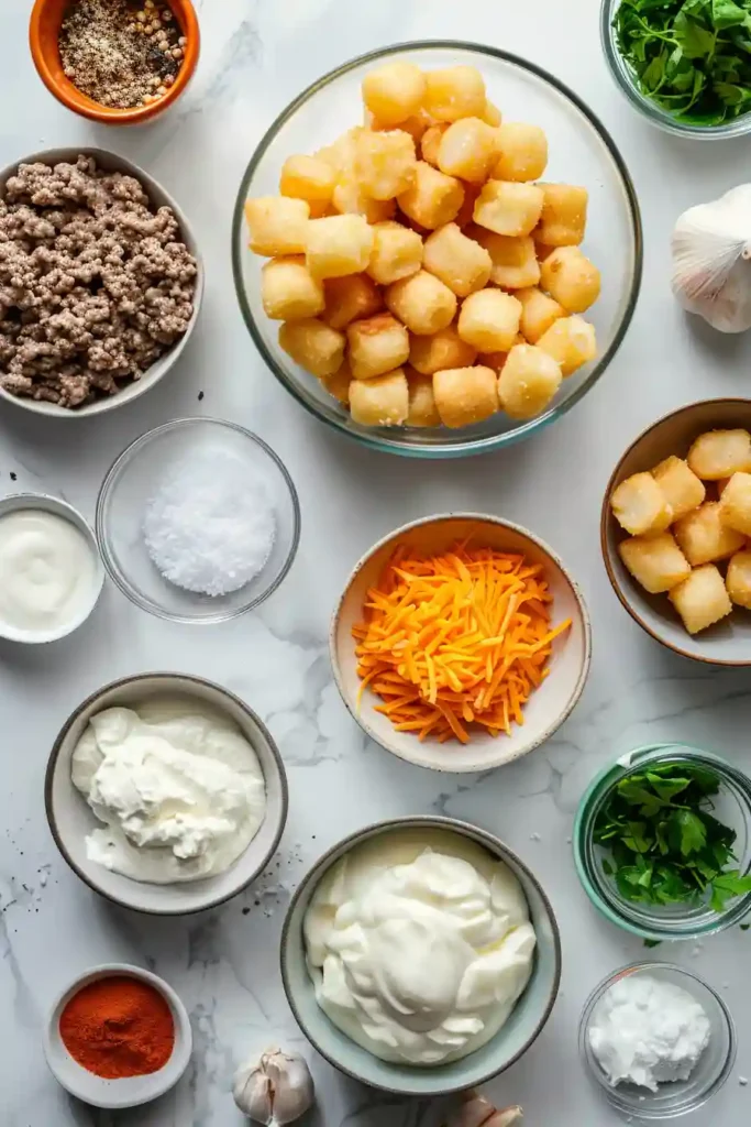 Freshly baked ground beef tater tot casserole with creamy sauce and crispy potato topping.