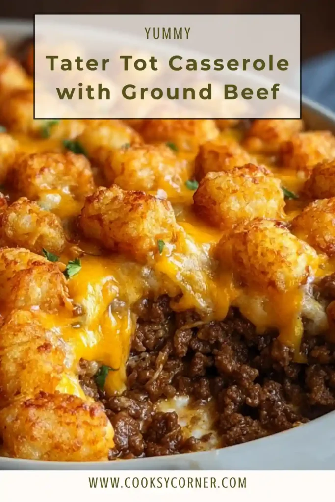 A baked Tater Tot Casserole with Ground Beef topped with crispy golden tater tots and melted cheddar cheese. This hearty comfort food casserole is perfect for family dinners.