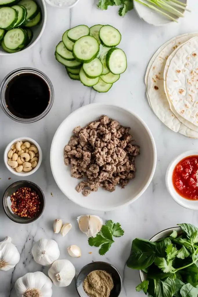 Asian inspired beef rolls with fresh herbs and vegetables.