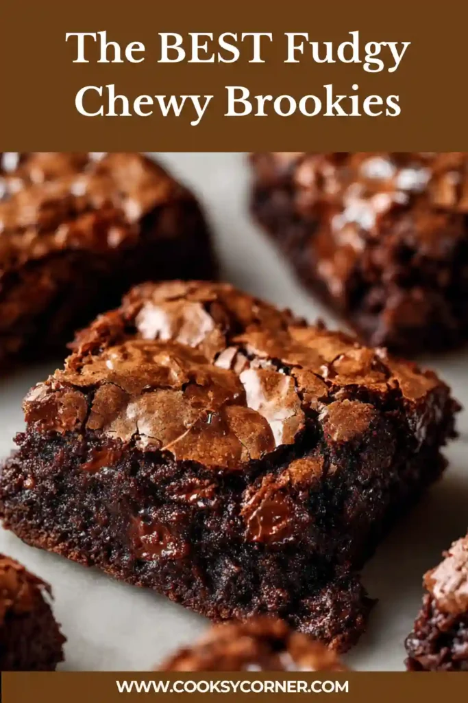 Homemade brookies stacked on a plate with rich chocolate texture.