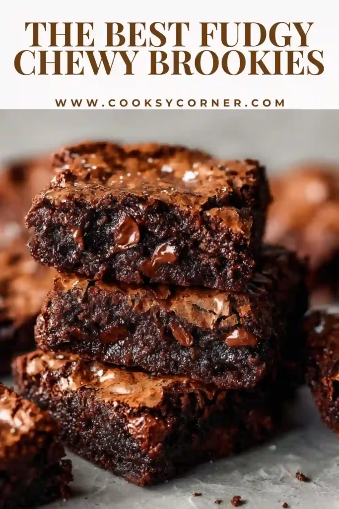 Fudgy chewy brookies with crackly tops and melted chocolate chips.
