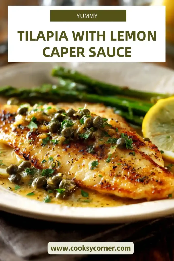Pan-seared tilapia with lemon caper sauce served with fresh parsley and lemon slices on a white plate.