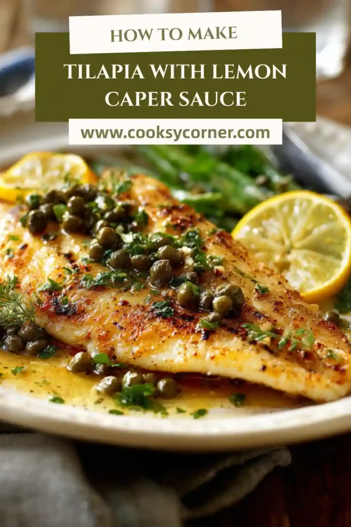Skillet cooked tilapia with garlic lemon caper sauce and parsley garnish.