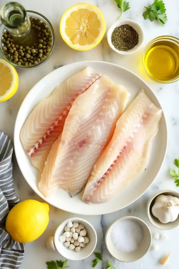 Homemade tilapia with lemon caper sauce plated with fresh lemon wedges.